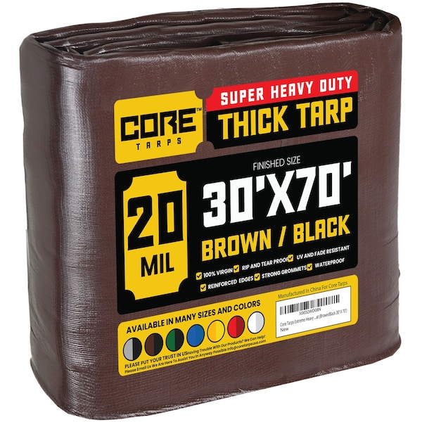 Core Tarps Heavy Duty Tarp, 70 ft L x 0.5 mm H x 30 ft W, 20 Mil, Brown/Black, Polyethylene - CT-702-30X70