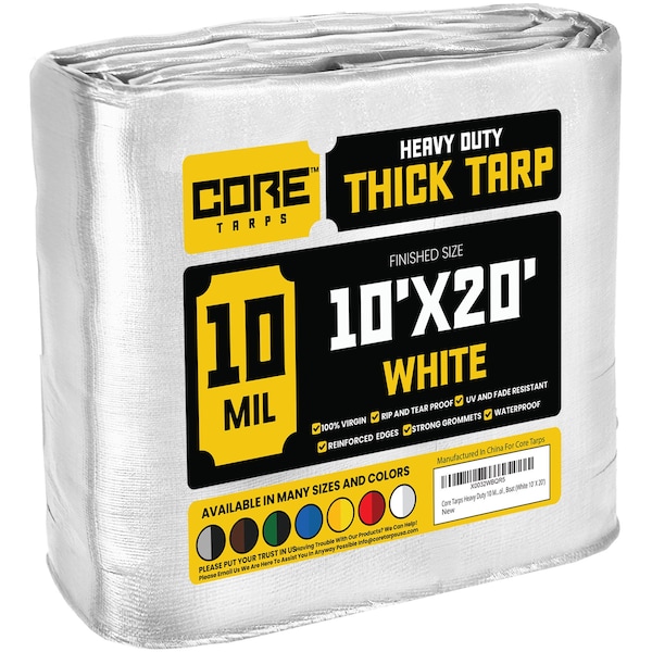 Core Tarps Heavy Duty Tarp, 20 ft L x 0.5 mm H x 10 ft W, 10 Mil, White, Polyethylene - CT-604-10X20