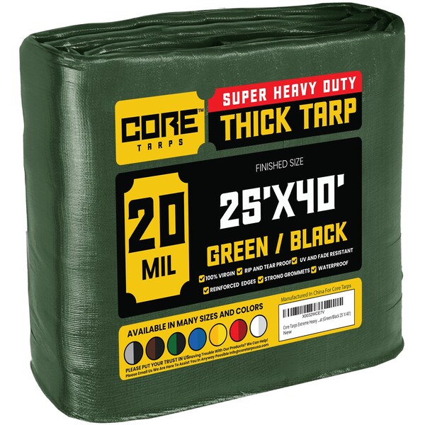 Core Tarps Heavy Duty Tarp, 40 ft L x 0.5 mm H x 25 ft W, 20 Mil, Green/Black, Polyethylene - CT-703-25X40