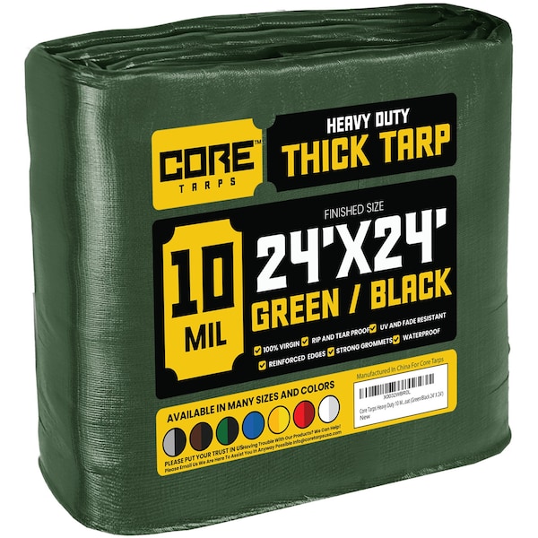 Core Tarps Heavy Duty Tarp, 24 ft L x 0.5 mm H x 24 ft W, 10 Mil, Green/Black, Polyethylene - CT-603-24X24