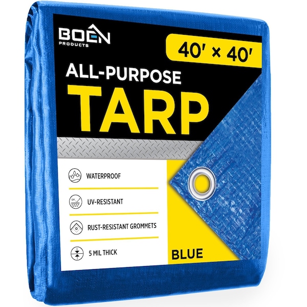 Boen All Purpose Tarp, 40 ft x 40 ft, 5Mil, Blue, Polyethylene (PE) - BT-4040