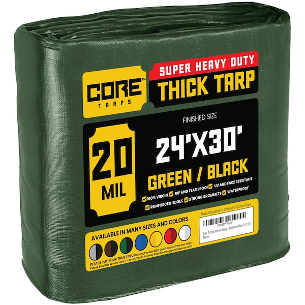 Core Tarps Heavy Duty Tarp, 30 ft x 0.5 mm H x 24 ft W, 20 Mil, Green/Black, Polyethylene - CT-703-24X30