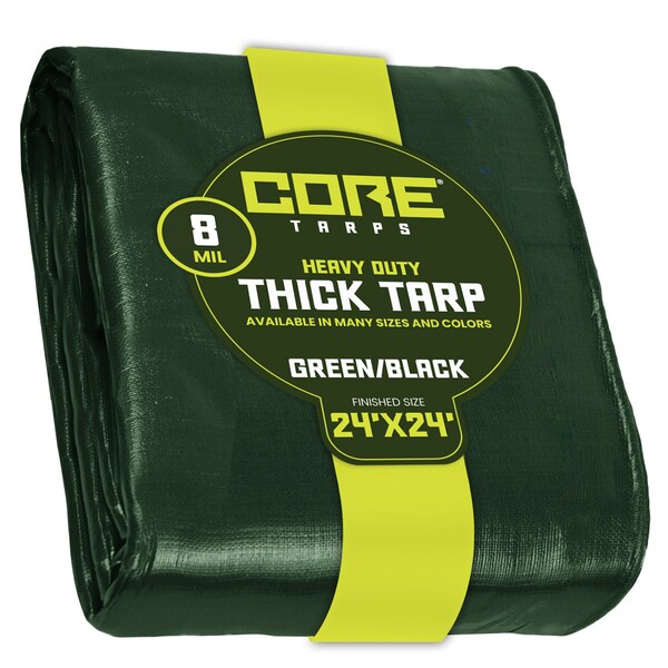 Core Tarps Heavy Duty Tarp, 24 ft L x 0.5 mm H x 24 ft W, 8 Mil, Green/Black, Polyethylene - CT-403-24X24
