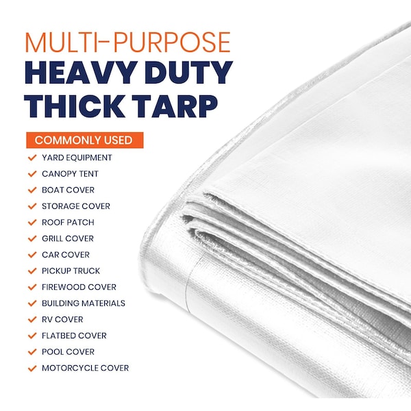 Tarpco Safety Heavy Duty Tarp, 8 ft L x 0.5 mm H x 6 ft W, 14 Mil, White, Polyethylene - TS-104-6X8