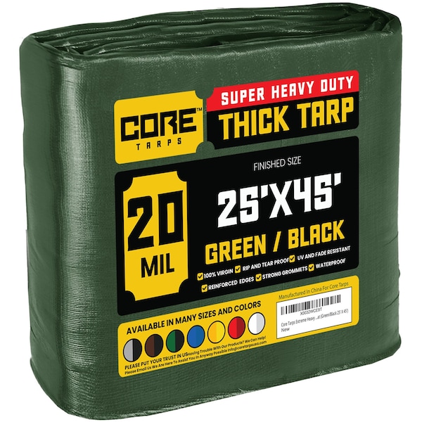 Core Tarps Heavy Duty Tarp, 45 ft x 0.5 mm H x 25 ft W, 20 Mil, Green/Black, Polyethylene - CT-703-25X45
