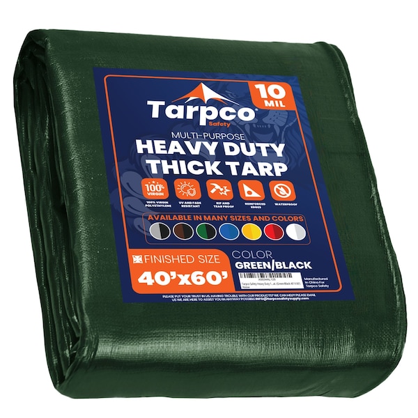 Tarpco Safety Heavy Duty Tarp, 60 ft L x 0.5 mm H x 40 ft W, 10 Mil, Green/Black, Polyethylene - TS-153-40X60
