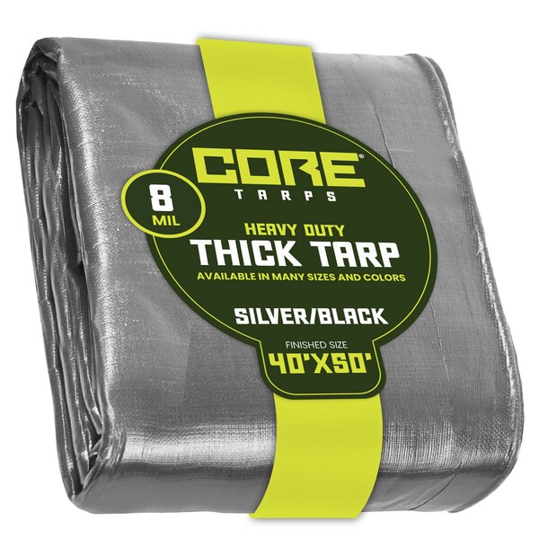 Core Tarps Heavy Duty Tarp, 50 ft L x 0.5 mm H x 40 ft W, 8 Mil, Silver/Black, Polyethylene - CT-401-40X50