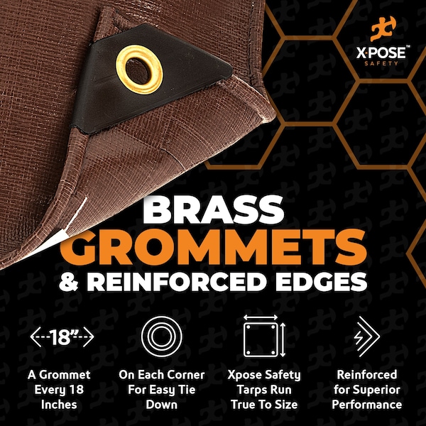 Xpose Safety 12 ft x 20 ft Heavy Duty 16 Mil Tarp, Brown, Polyethylene, 18 in Grommet Spacing - BHD-1220-A