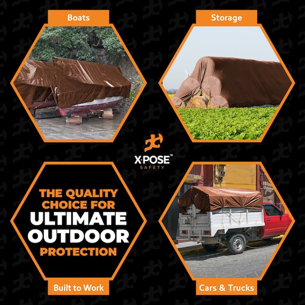 Xpose Safety 12 ft x 20 ft Heavy Duty 16 Mil Tarp, Brown, Polyethylene, 18 in Grommet Spacing - BHD-1220-A