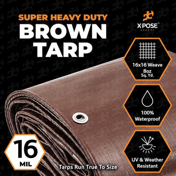 Xpose Safety 12 ft x 20 ft Heavy Duty 16 Mil Tarp, Brown, Polyethylene, 18 in Grommet Spacing - BHD-1220-A