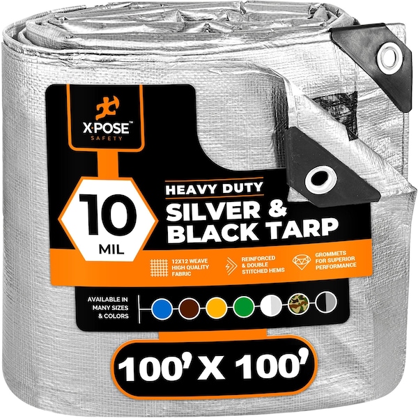 Xpose Safety Heavy Duty Tarp, 100 ft x 100 ft, 10 mil, Silver/Black, Polyethylene - STH-100100-X