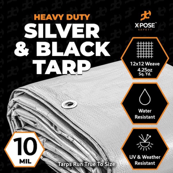 Xpose Safety Heavy Duty Tarp, 100 ft x 100 ft, 10 mil, Silver/Black, Polyethylene - STH-100100-X