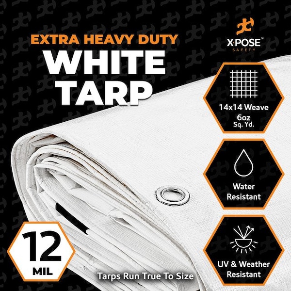 Xpose Safety Heavy Duty Tarp, 40 ft x 60 ft, 12 Mil, White, Polyethylene - WHD-4060-A-X