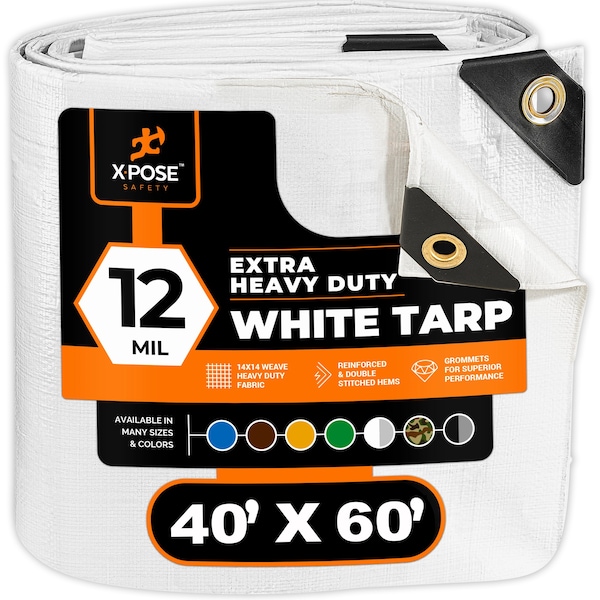Xpose Safety Heavy Duty Tarp, 40 ft x 60 ft, 12 Mil, White, Polyethylene - WHD-4060-A-X
