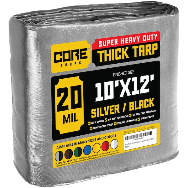Core Tarps Heavy Duty Tarp, 12 ft L x 0.5 mm H x 10 ft W, 20 Mil, Silver/Black, Polyethylene - CT-701-10X12