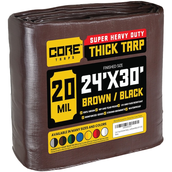 Core Tarps Heavy Duty Tarp, 30 ft x 0.5 mm H x 24 ft W, 20 Mil, Brown/Black, Polyethylene - CT-702-24X30