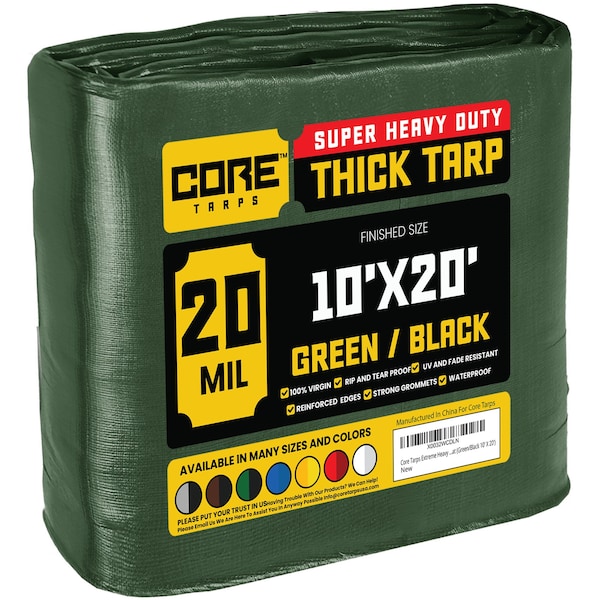 Core Tarps Heavy Duty Tarp, 20 ft L x 0.5 mm H x 10 ft W, 20 Mil, Green/Black, Polyethylene - CT-703-10X20