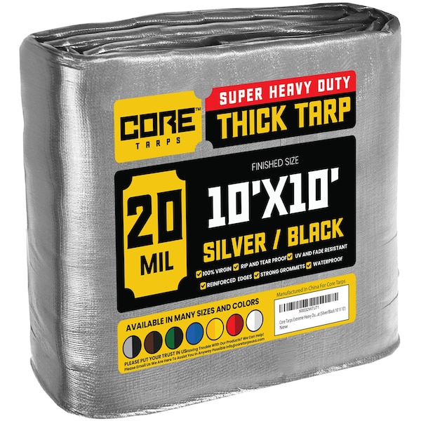 Core Tarps Heavy Duty Tarp, 10 ft L x 0.5 mm H x 10 ft W, 20 Mil, Silver/Black, Polyethylene - CT-701-10X10