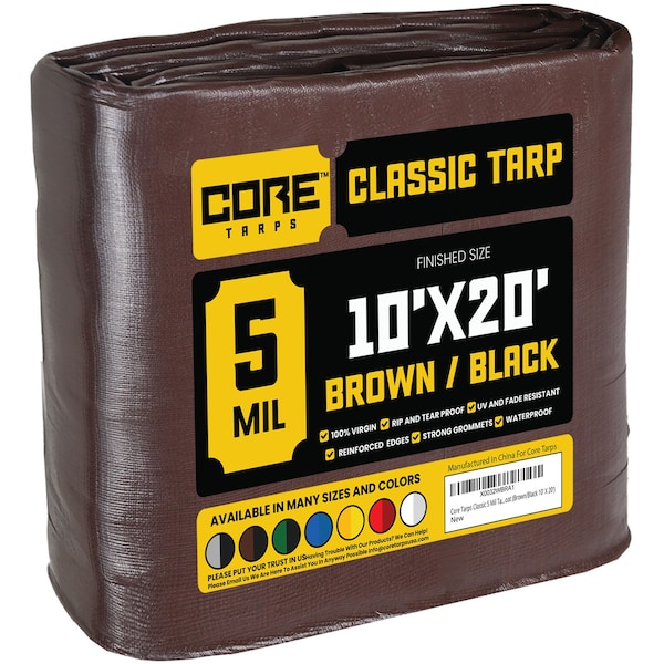 Core Tarps Heavy Duty Tarp, 20 ft L x 0.5 mm H x 10 ft W, 5 Mil, Brown/Black, Polyethylene - CT-502-10X20