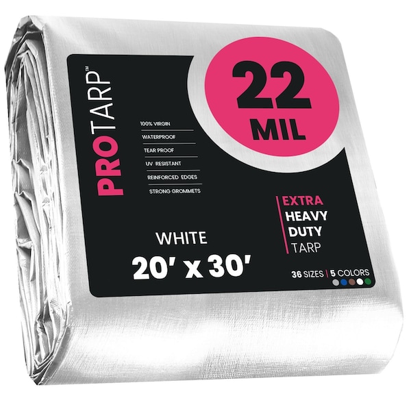 Protarp Heavy Duty Tarp, 20 ft x 30 ft, 22 Mil, White, Polyethylene, Waterproof, Rip and Tear Proof - PT-204-20X30