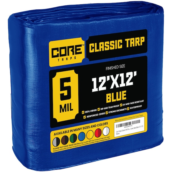Core Tarps Heavy Duty Tarp, 12 ft L x 0.5 mm H x 12 ft W, 5 Mil, Blue, Polyethylene - CT-505-12X12