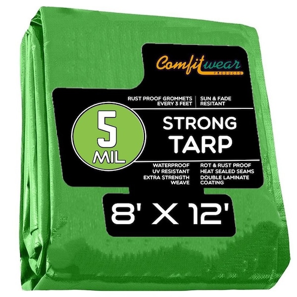 Comfitwear 5 MIL Standard Strong Multi-Purpose Tarp Cover Rust Proof Waterproof Reinforced Edges, Green, 20PK - MTG-812-BULK-20