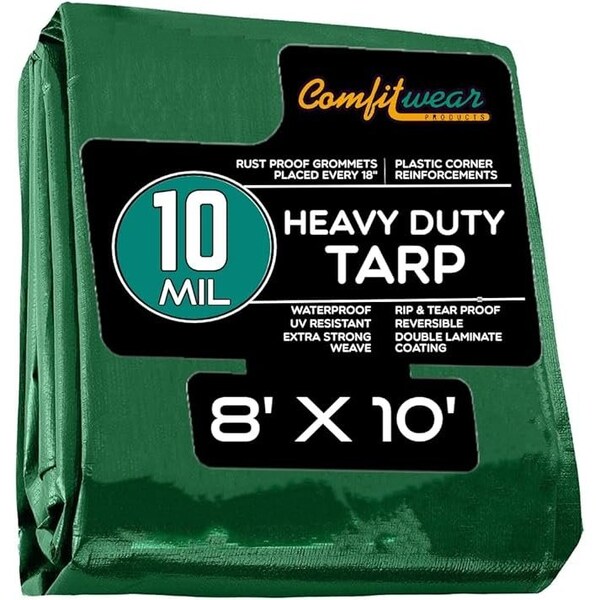 Comfitwear 10 MIL Heavy Duty Multi-Purpose Tarp Cover Rust Proof Waterproof Reinforced Edges Green/Black - MTGB-810