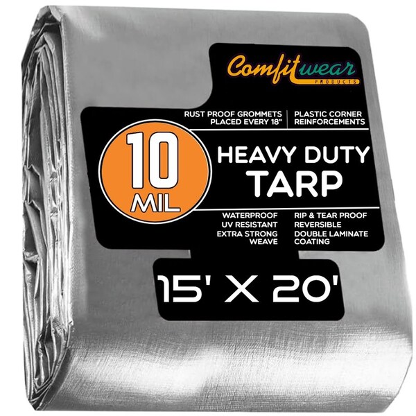Comfitwear 10 MIL Heavy Duty Multi-Purpose Tarp Cover Rust Proof Waterproof Reinforced Edges Silver/Black - STH-1520