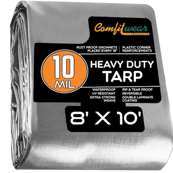 Comfitwear 10 MIL Heavy Duty Multi-Purpose Tarp Cover Rust Proof Waterproof Reinforced Edges Silver/Black - STH-810
