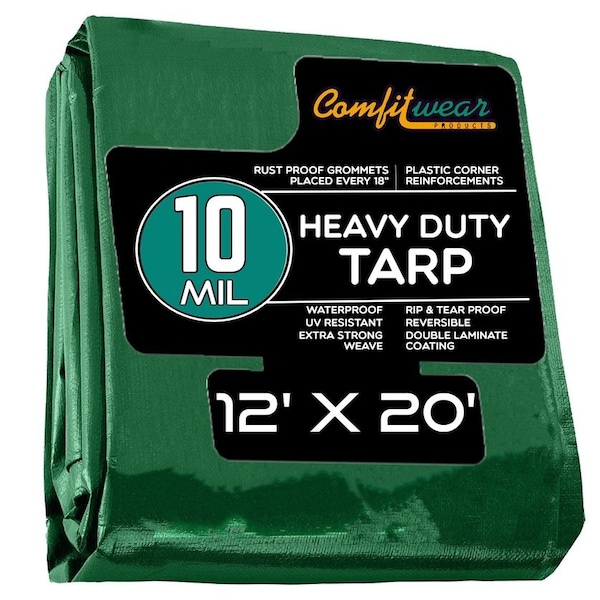 Comfitwear 10 MIL Heavy Duty Multi-Purpose Tarp Cover Rust Proof Waterproof Reinforced Edges Green/Black - MTGB-1220