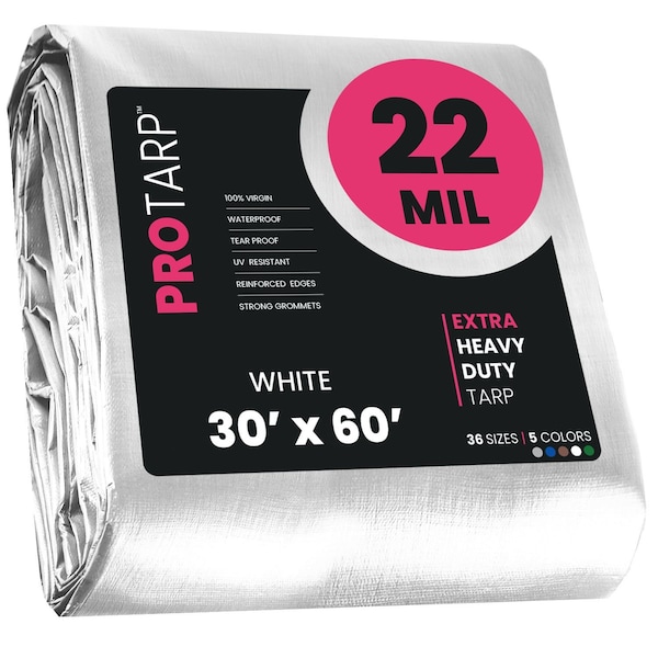 Protarp Heavy Duty Tarp, 30 ft x 60 ft, 22 Mil, White, Polyethylene, Waterproof, Rip and Tear Proof - PT-204-30X60