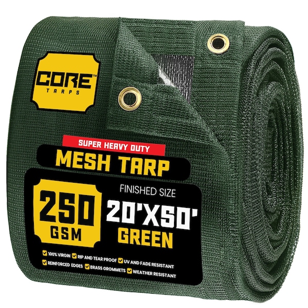 Core Tarps Mesh Tarp, 20 ft X 50 ft, Green, Polyethylene - CT-803-20X50