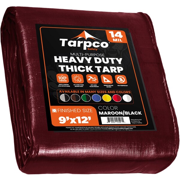 Tarpco Safety Heavy Duty Tarp, 9 ft x 12 ft, 14 Mil, Maroon, Polyethylene, Waterproof, Rip and Tear Proof - TS-107-9X12