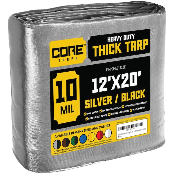 Core Tarps Heavy Duty Tarp, 20 ft L x 0.5 mm H x 12 ft W, 10 Mil, Silver/Black, Polyethylene - CT-601-12X20