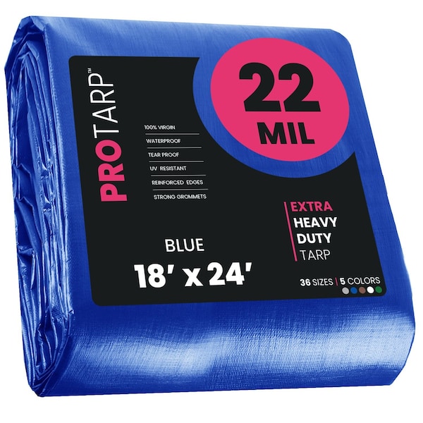 Protarp Heavy Duty Tarp, 18 ft x 24 ft, 22 Mil, Blue, Polyethylene, Waterproof, Rip and Tear Proof - PT-205-18X24