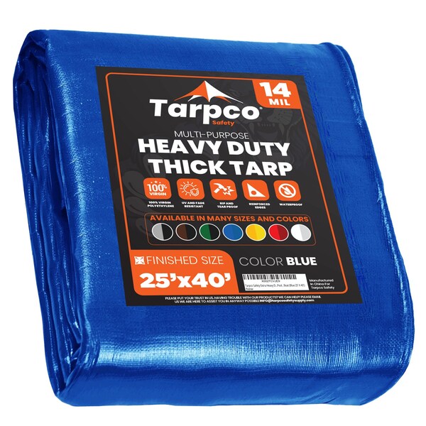 Tarpco Safety Heavy Duty Tarp, 40 ft L x 0.5 mm H x 25 ft W, 14 Mil, Blue, Polyethylene - TS-105-25X40