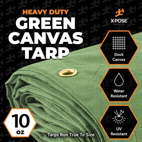 Xpose Safety Tarp, 10 ft x 14 ft, 10 oz, Green, Canvas - CTG10-1014-X