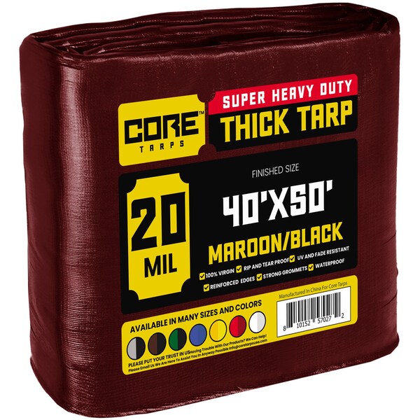 Core Tarps Heavy Duty Tarp, 40 ft x 50 ft, 20 Mil, Maroon, Polyethylene - CT-707-40X50