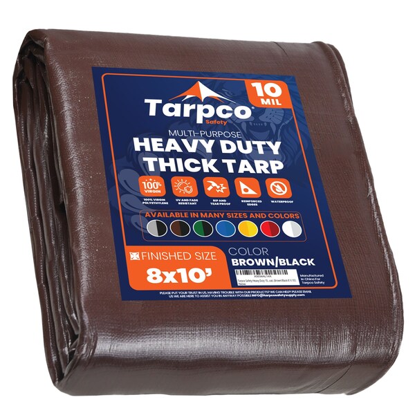 Tarpco Safety Heavy Duty Tarp, 10 ft L x 0.5 mm H x 8 ft W, 10 Mil, Brown/Black, Polyethylene - TS-152-8X10