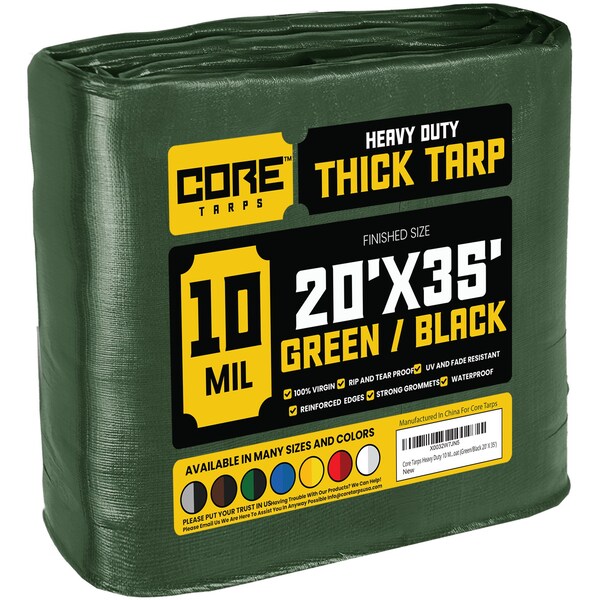 Core Tarps Heavy Duty Tarp, 35 ft L x 0.5 mm H x 20 ft W, 10 Mil, Green/Black, Polyethylene - CT-603-20X35