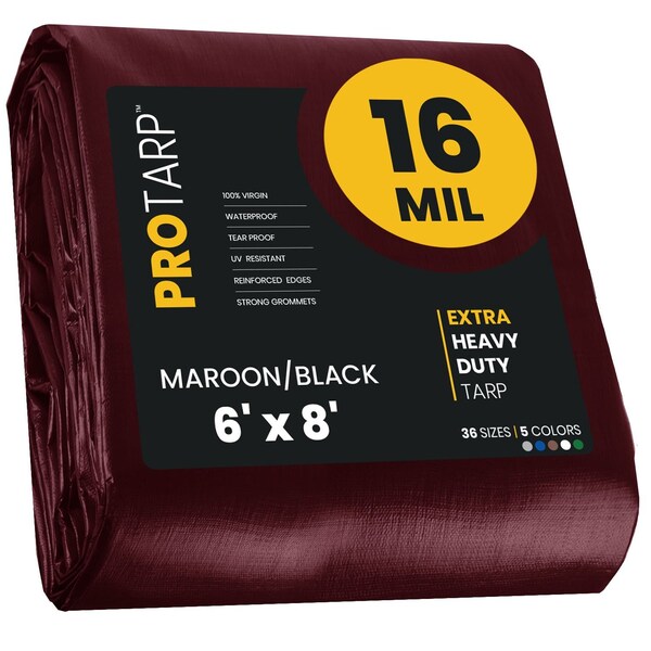 Protarp Heavy Duty Tarp, 6 ft x 8 ft, 16 Mil, Maroon, Polyethylene - PT-107-6X8