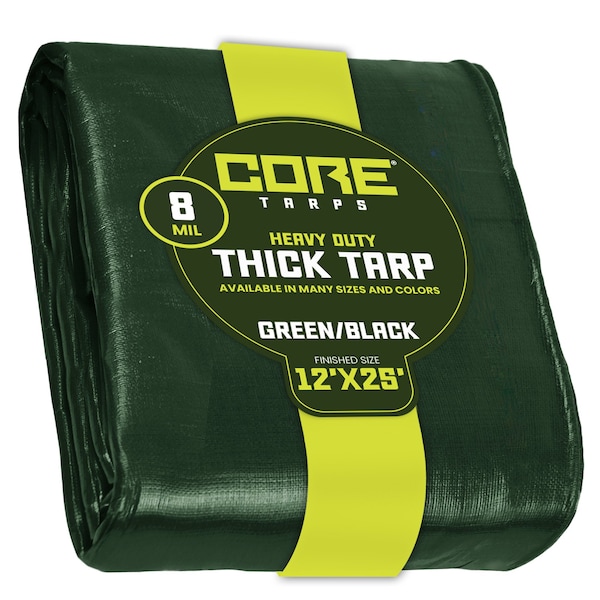 Core Tarps Heavy Duty Tarp, 25 ft L x 0.5 mm H x 12 ft W, 8 Mil, Green/Black, Polyethylene - CT-403-12X25