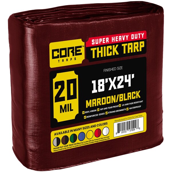 Core Tarps Heavy Duty Tarp, 18 ft x 24 ft, 20 Mil, Maroon, Polyethylene - CT-707-18X24