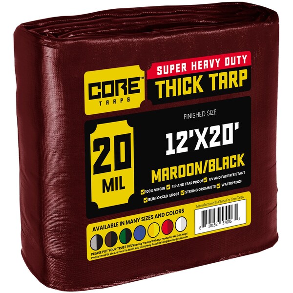 Core Tarps Heavy Duty Tarp, 12 ft x 20 ft, 20 Mil, Maroon, Polyethylene - CT-707-12X20