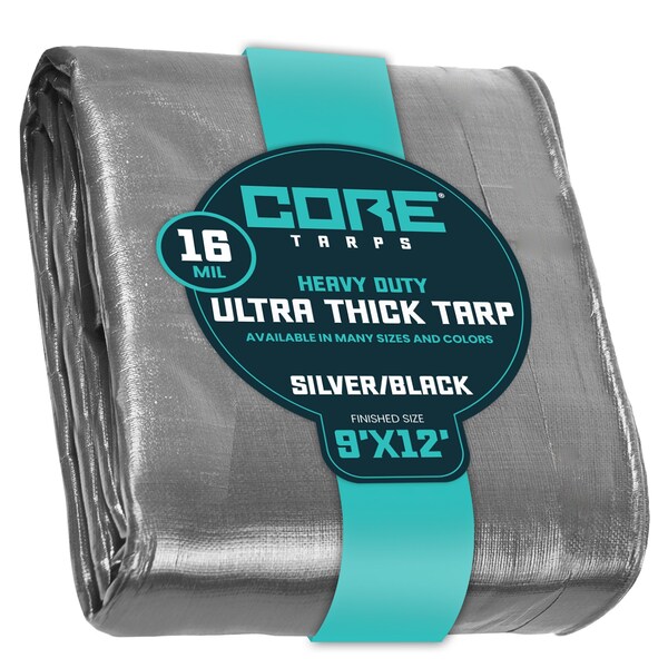 Core Tarps Heavy Duty Tarp, 12 ft L x 0.5 mm H x 9 ft W, 16 Mil, Silver/Black, Polyethylene - CT-301-9X12