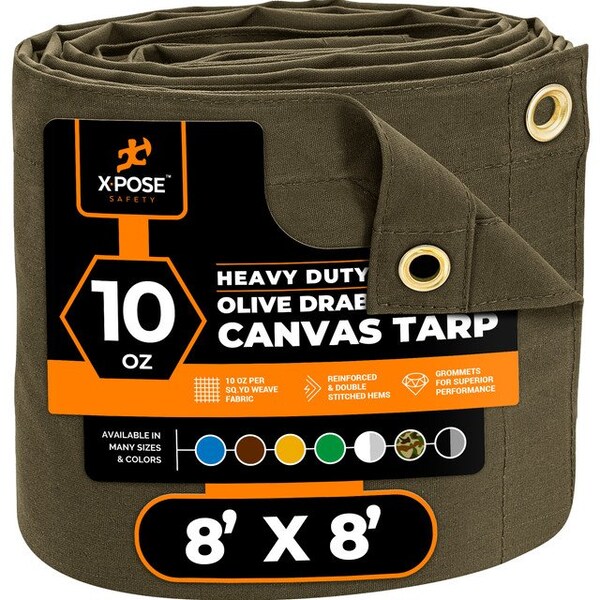 Xpose Safety Tarp, 8 ft x 8 ft, 10 oz, Olive Drab, Canvas - CTOD10-88-X
