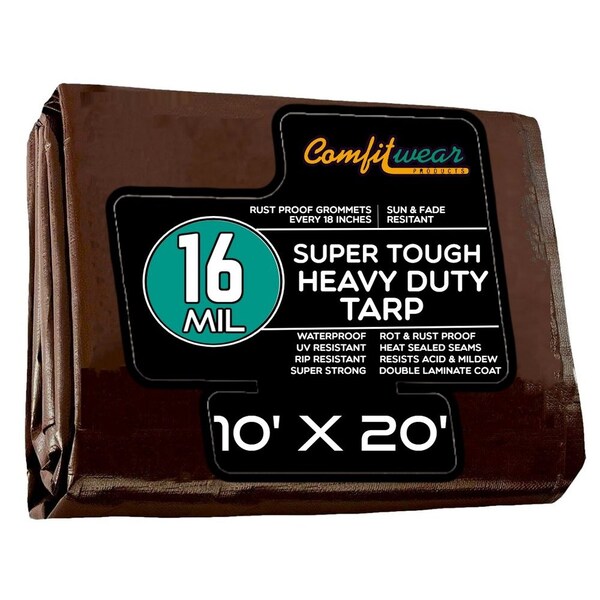 Comfitwear 16 MIL Extreme Heavy Duty Multi-Purpose Tarp Cover Rust Proof Waterproof Reinforced Edges Brown - ETBR-1020