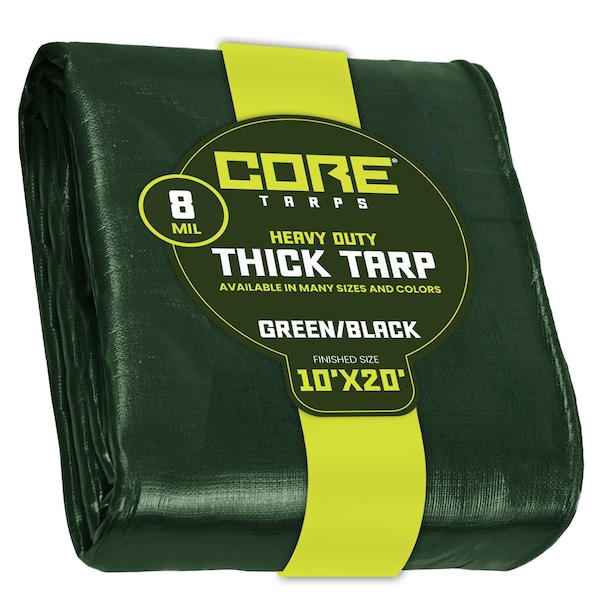 Core Tarps Heavy Duty Tarp, 20 ft L x 0.5 mm H x 10 ft W, 8 Mil, Green/Black, Polyethylene - CT-403-10X20