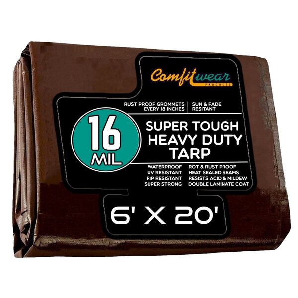 Comfitwear 16 MIL Extreme Heavy Duty Multi-Purpose Tarp Cover Rust Proof Waterproof Reinforced Edges Brown - ETBR-620