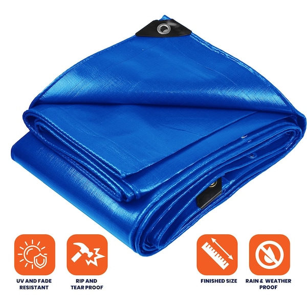 Tarpco Safety Heavy Duty Tarp, 12 ft L x 0.5 mm H x 9 ft W, 14 Mil, Blue, Polyethylene - TS-105-9X12
